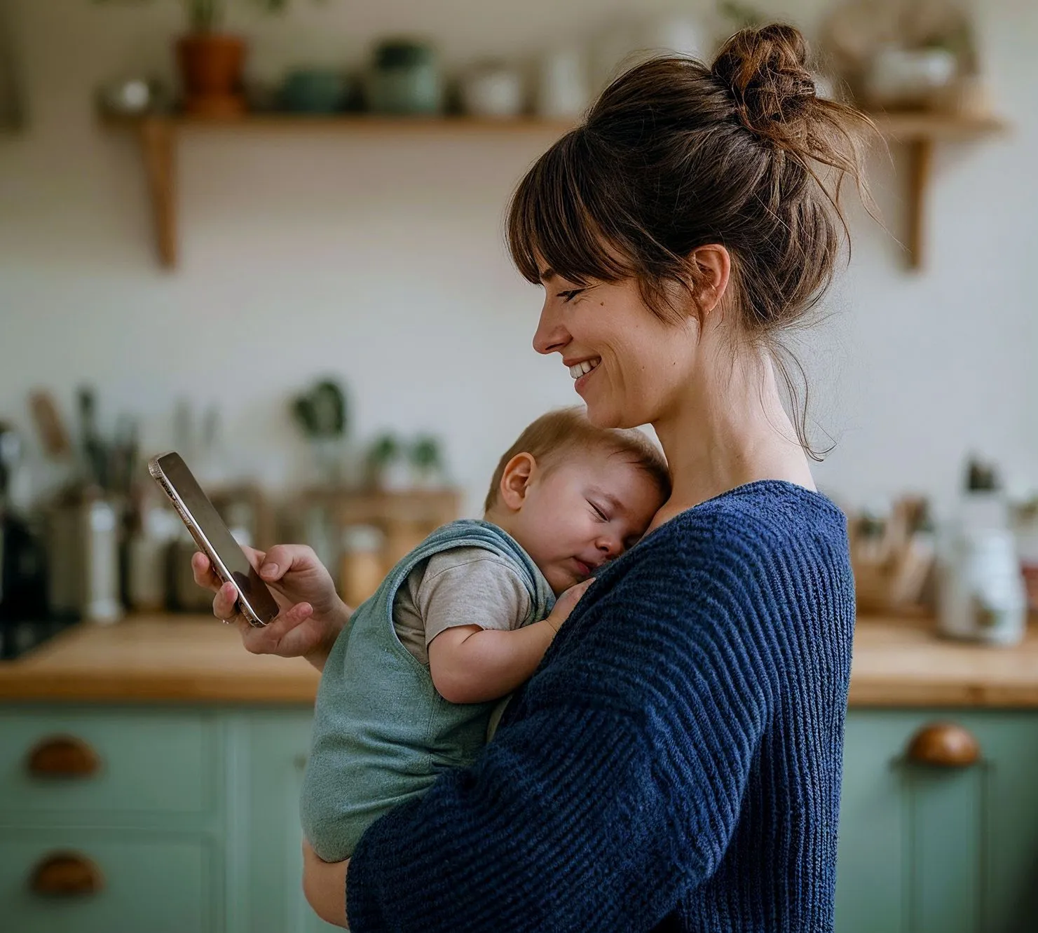 Mama mit Baby im Arm in Küche